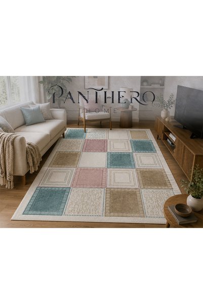 Panthero Home Pastel Patchwork Kare Desenli Kaymaz Taban Süngerli Yıkanabilir...