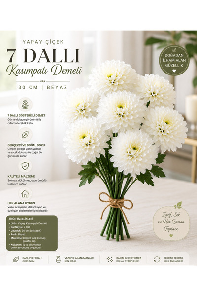 Doğahome 7 Dallı Beyaz Yapay Kasımpatı Demeti 30 cm – Gerçek Dokulu Dekoratif Çiçek Buketi
