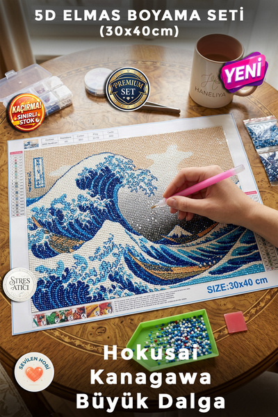 Haneliya Hokusai Kanagawa - Büyük Dalga 5D Elmas Boyama Mozaik Tablo Hobi Set...