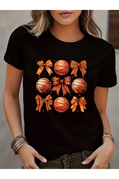 212Wear تي شيرت نسائي أسود بتصميم كرة السلة - أكمام قصيرة وياقة دائرية مع تصم...