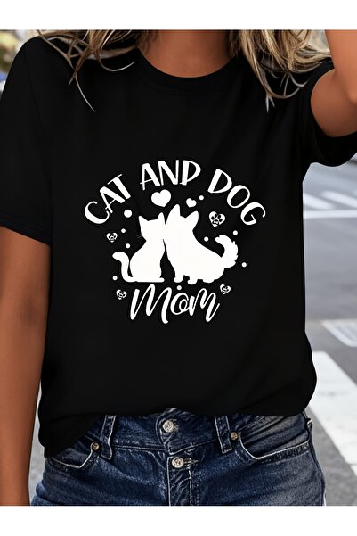 212Wear تي شيرت أسود بتصميم بسيط وطباعة لطيفة على شكل قطة وكلب بأكمام قصيرة و...