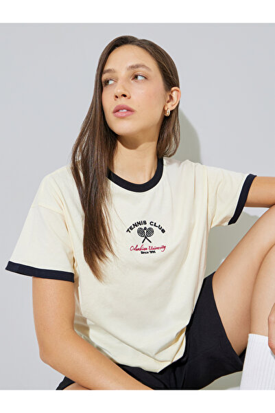 Styli Cream Cotton Embroidery T-Shirt With Contrast Trim