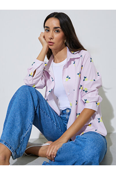 Styli Lilac Striped Lemon Print Casual Shirt