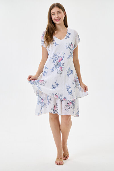 della moor White Italian Floral Patterned Lined Short Dress 38 - 42 Size