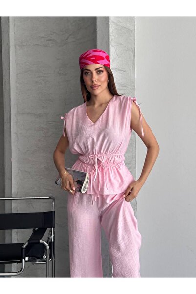 DİLARA GİYİM V-Neck Gathered Detailed Sleeveless Blouse Pants Set