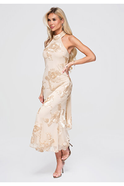 Larica Women's Maxi Dress with Halter Neckline and Floral Details LA-OM-DLR378