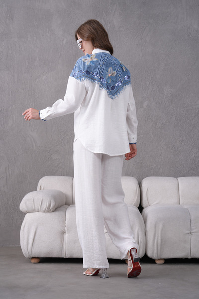 Moda Neval Women's Floral and Stone Embroidered Linen Shirt Set