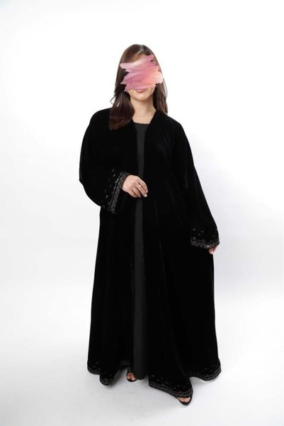 Anaqa Abaya Black Velvet Abaya with Embroidery and Detailing at the Bottom.