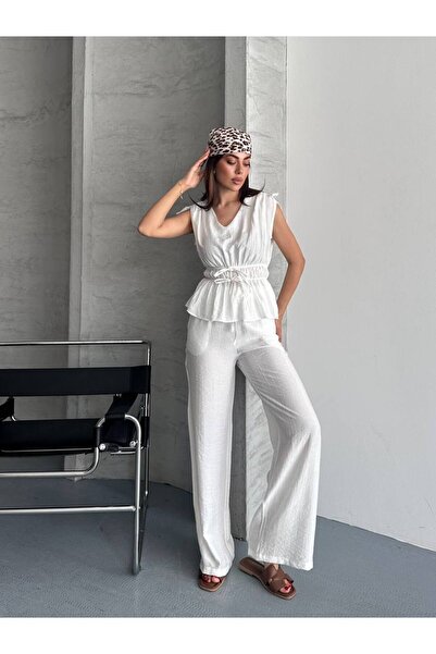 DİLARA GİYİM V-Neck Gathered Detailed Sleeveless Blouse Pants Set