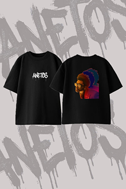 Anetos تي شيرت The Weeknd_103 مصنوع من القطن الأسود المطبوع من الخلف بمقاس كبير
