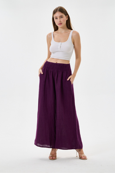 della moor Women's Purple Italian 100% Linen Elastic Waist Wide Leg Palazzo T...