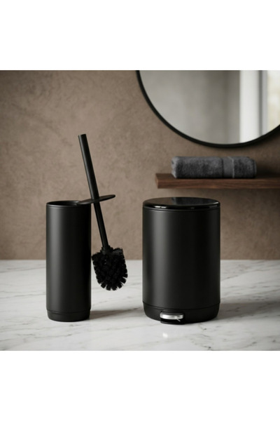 Floret 2 Piece Bathroom Set Trash Can and Round Bath Mat Black - Frolet