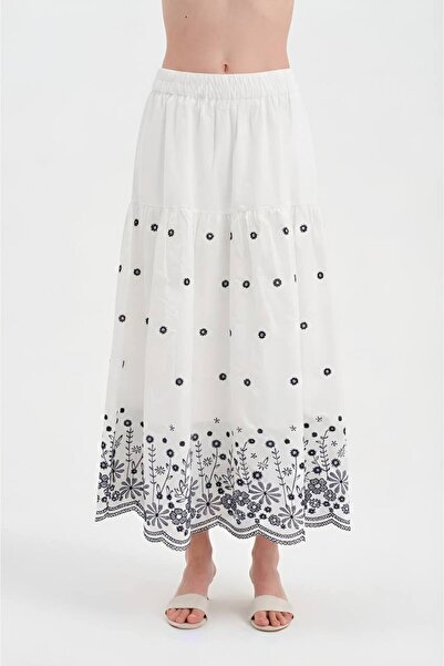 tw3 Fusta de damă cu detaliu de broderie la tiv, cu talie elastică și design ...