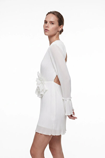 cemo Women's Floral Appliqué Pleated Long Sleeve Mini Dress