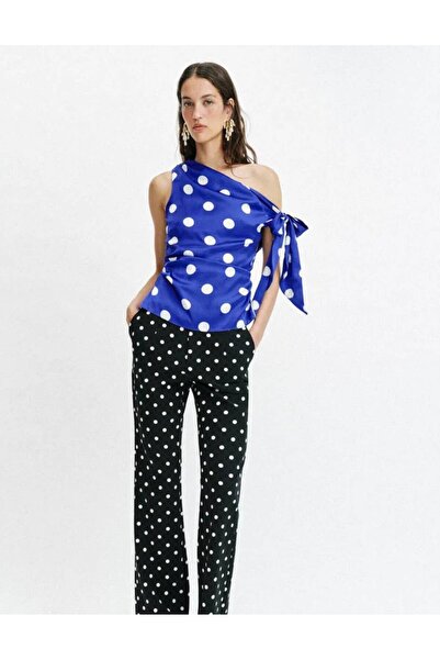Olbia Women's Saks Blue Polka Dot Asymmetrical Tie-Up Satin Blouse