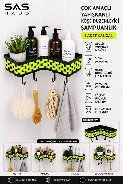 Sas Haus Wicker Look Adhesive Corner Shampoo Holder with 4 Hooks Plastic Bath...