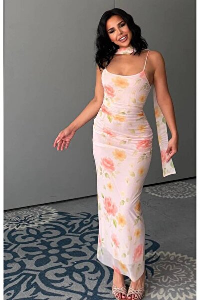 Olbia Women's Powder Floral Scarf Long Tulle Dress with Drawstring Straps