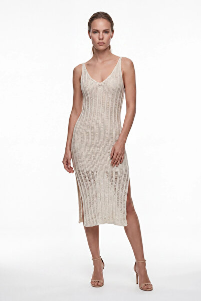 cemo Women's V-Neck Strappy Openwork Knitwear Midi Dress