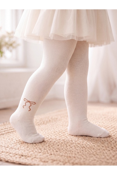 LE VISSION TEKSTİL Thin Bowknot Ecru Girls' Socks 3-4 Years Old