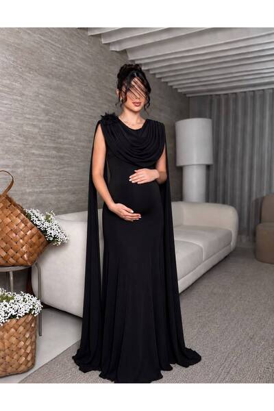 MILANORA Long Black Dress with Shoulder Rose