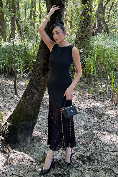 Aryena فستان نسائي أسود بتنورة مزينة بالدانتيل