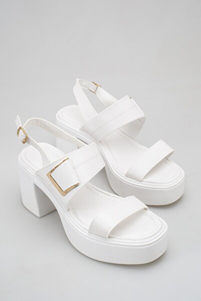 UBEYD AYAKKABI Sandale albe cu toc gros pentru femei, pantofi casual cu spate...