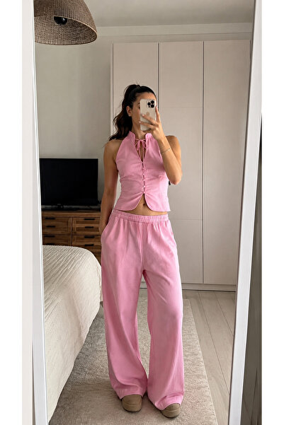 Genel Markalar Trend Kadın Pembe İkili Takım – Halter Yaka Yelek ve Bol Paça ...