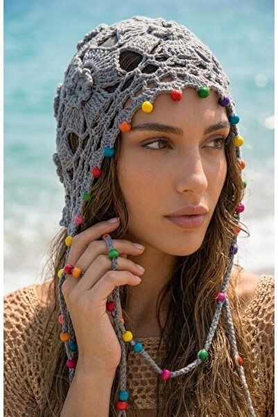 LAGRANZE Women's Cotton Bohemian Beaded Knitted Bandana Beanie