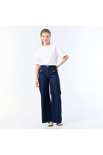 KIABI Raw denim wide leg trousers with gold buttons BLUE