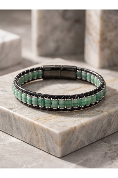 Parmas Design Green Aventurine and Hematite Steel Braided Leather Men's Brace...