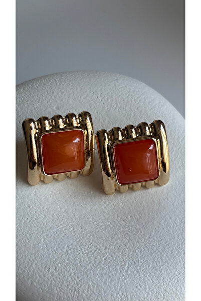 BHR AKSESUAR Gold Color Orange Square Earrings (3 cm)