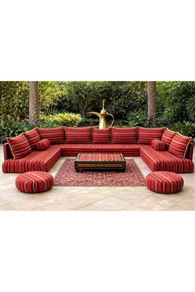 Xboat Arabic Majlis Floor Seating Set, Red Striped, U-Shaped, with Cushions a...
