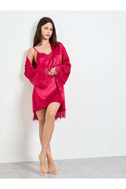 Take Two By Styli Burgundy Satin Lace Robe And Slip Set