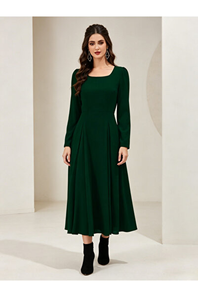 Take Two By Styli Dark Green Square Neck A-Line Midi Dress