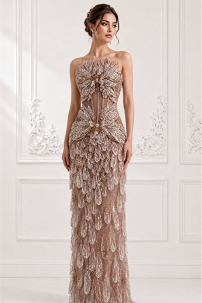 ranin Taupé Evening Dress with Beaded Embroidery and Taffeta Lining