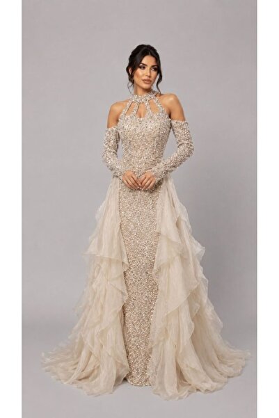ranin Ivory Evening Dress with Bead Embroidery Gazar Double Cloche Cut Gown