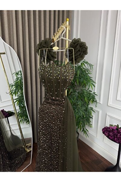 ranin Olive Green Evening Gown with Hand-Beaded Tulle Bodice and Double Beade...