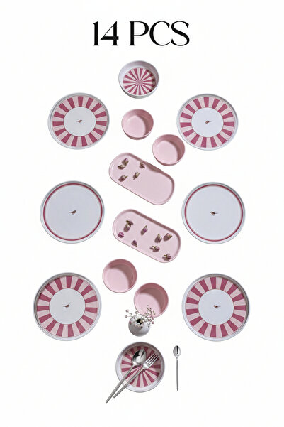 Kitchen Life 6 Kişilik Lovely Birds Kahvaltı Takımı – 14 Parça Pembe Kuş Dese...