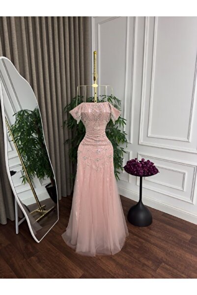 ranin Light Pink Tulle Evening Dress Beading Cloche Evening Gown