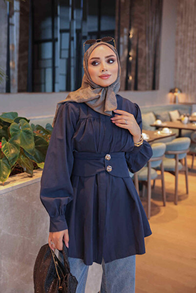 İmajButik Lacivert Gizli Düğmeli Kemer Detaylı Gömlek