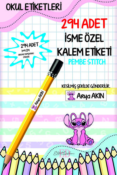 ETİKETİM Okul Etiketi Kalem Etiketi İsimli Kişiye Özel Pembe Stitch 294 ADET