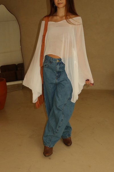 World Fashion Trends Back Lace-Up Loose Fit Transparent Chiffon Blouse