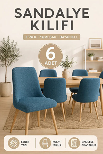 Softlife 6'lı Jakarlı Oval Sandalye Kılıfı - Petrol Mavisi, Likralı Yıkanabil...