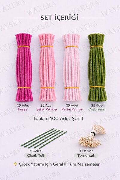WAXERA 100 Adet Renkli Şönil-Çiçek Teli ve Tomurcuk Set