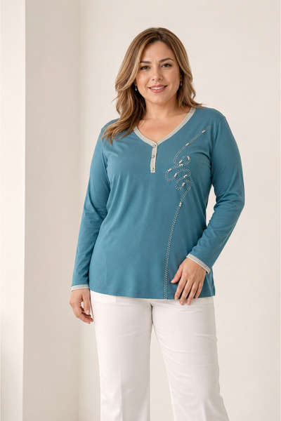 bihan store Women's V-Neck Pearl Embroidered Glitter Detailed Long Sleeve Kni...