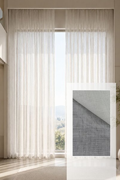 Taç Luxury Ecru Linen Look Glitter Tulle Curtain 1X3 Dense Pleats