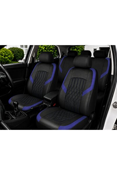 DELUXETUNING Set huse scaune auto universale de lux, fata-spate, piele ecologica, culoare negru cu albastru