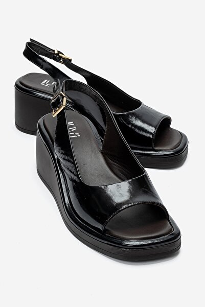LuviShoes Orlena Black Patent Leather Genuine Leather Wedge Heeled Sandals