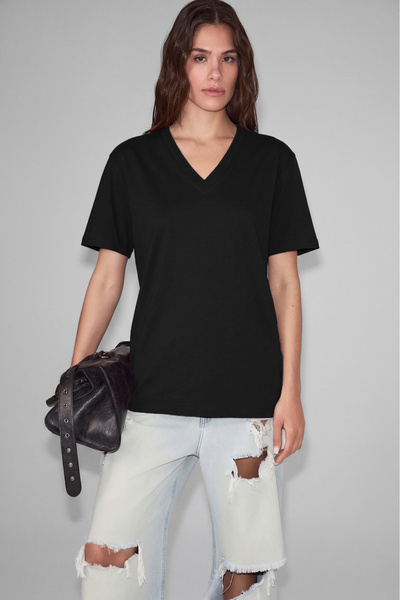 ETHIQUET SHEANE Kadın %100 Organik Pamuk Derin V Yakalı Comfort Fit Siyah T-S...