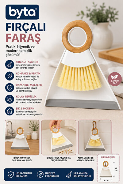 BYTA Fırçalı Faraş Seti Bambu Saplı Ergonomik Mini El Süpürgesi Masa Tezgah M...